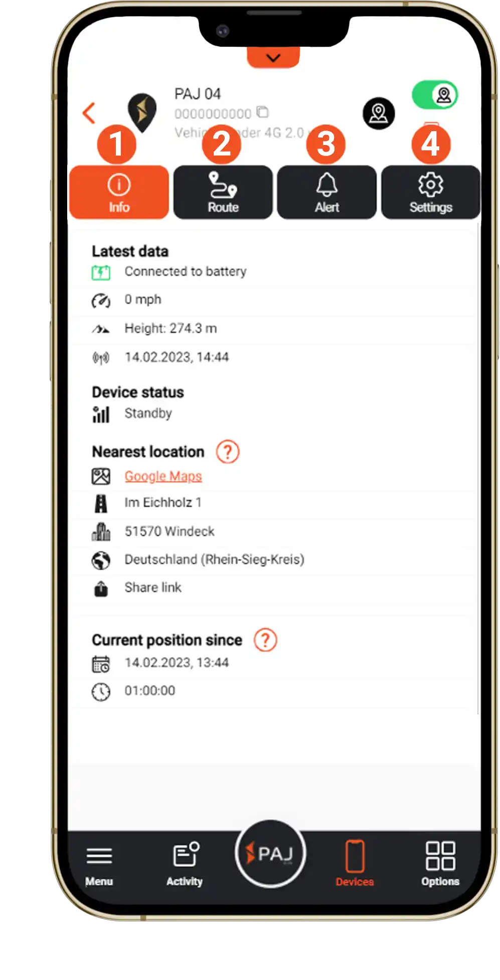 Tracker showing settings