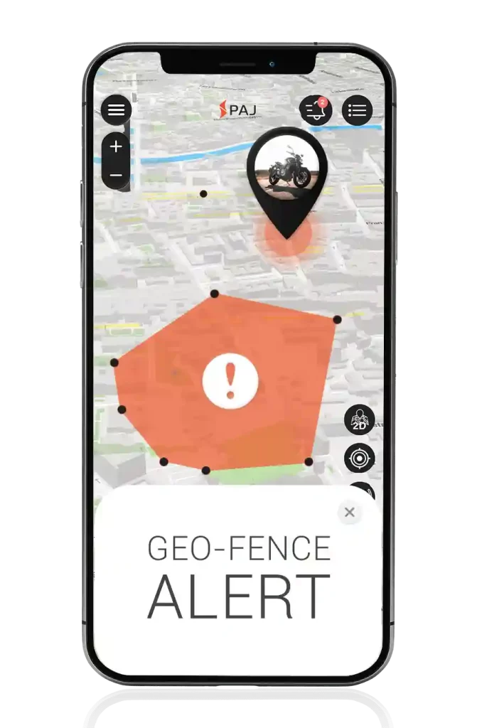 mobile screen of the GPS tracker app showing geo fence alert on a motorcycle