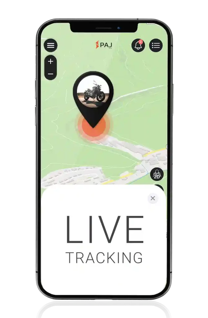 mobile screen of the GPS tracker app showing live location of motorcycle
