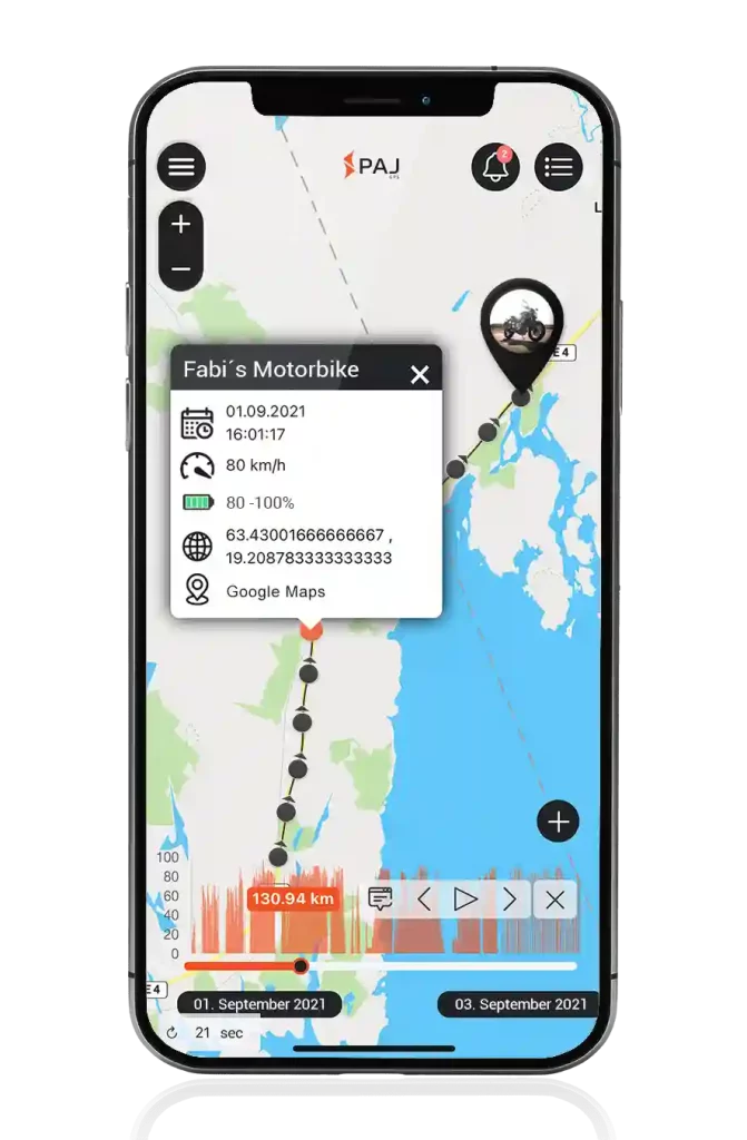 mobile screen of the GPS tracker app showing motorcycle route