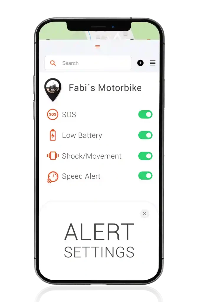 mobile screen showing alert setting on a GPS motorcycle tracker